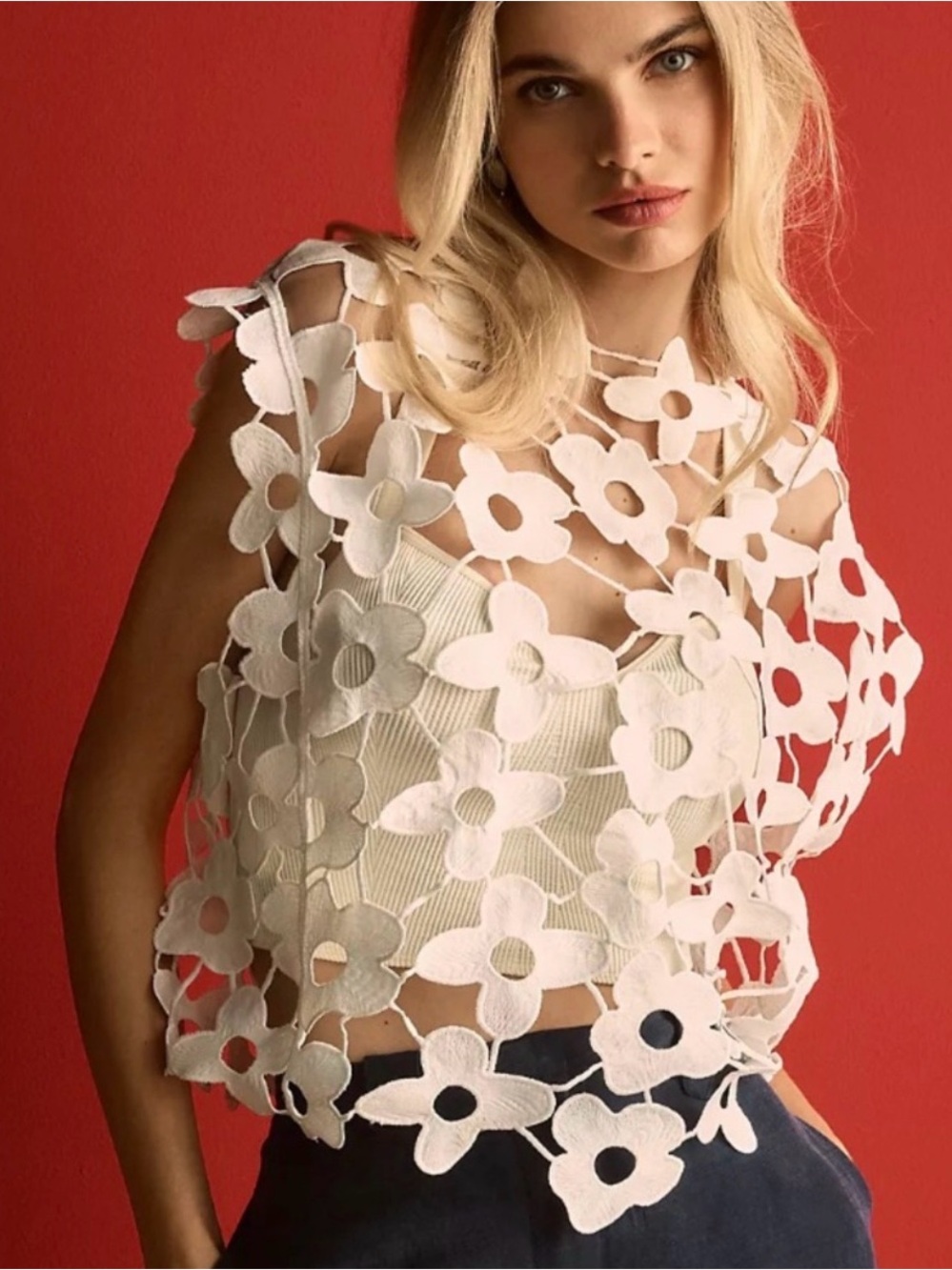 Anthropologie White Floral Appliqué Crochet Camisole Overlay